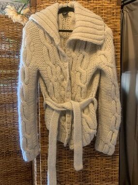 Theory Cozy Cable Knit Belted Cardigan Sweater - Cream